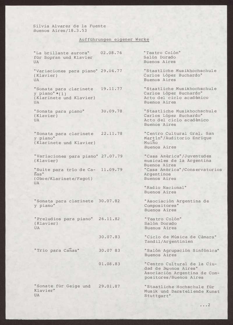 Blauer Ordner "Lebenslauf, Werkverzeichnis ()" : Liste mit Aufführungen eigener Werke von Silvia Alvarez de la Fuente