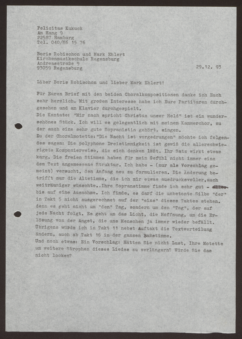 Brief: Felicitas Kukuck an Robischon und Ehlert, 29.12.1993