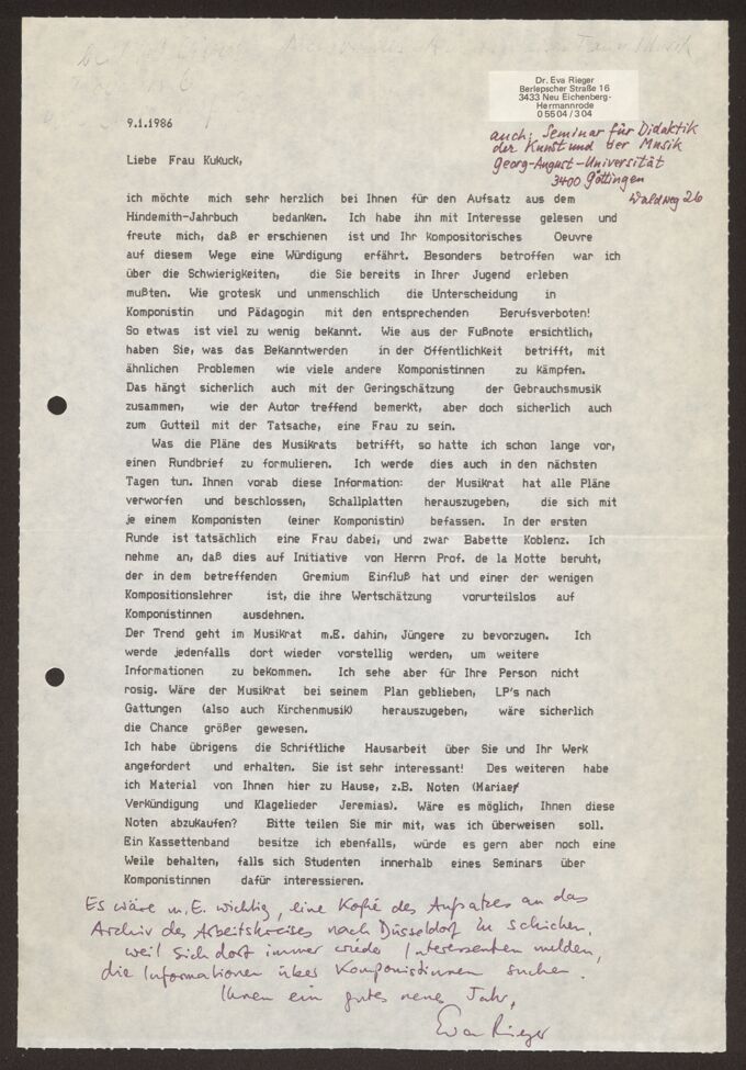 Brief: Eva Rieger an Felicitas Kukuck, 09.01.1986 / Seite 1