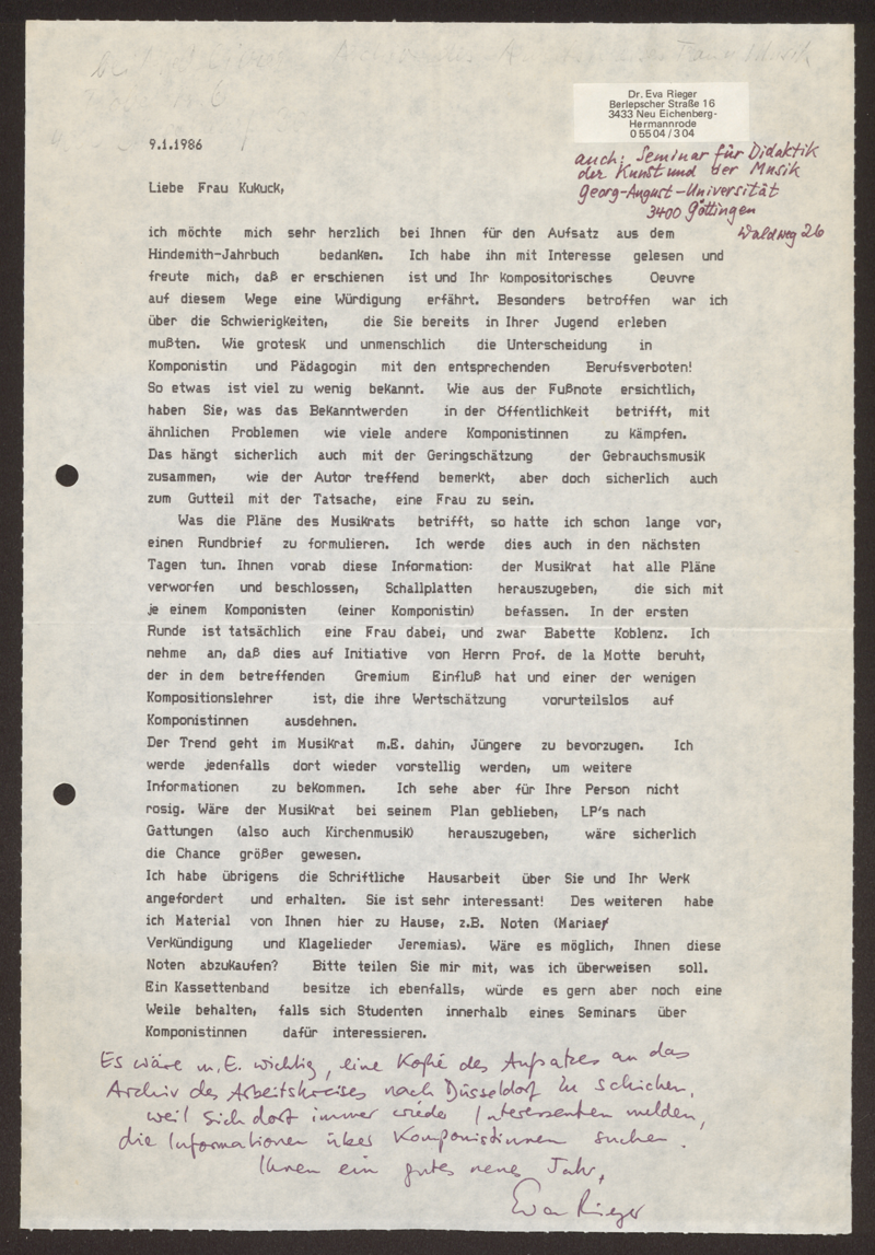Brief: Eva Rieger an Felicitas Kukuck, 09.01.1986