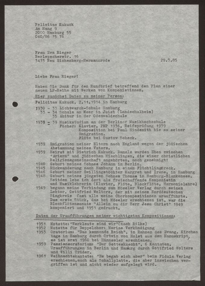 Brief: Felicitas Kukuck an Eva Rieger, 29.03.1985 / Seite 1