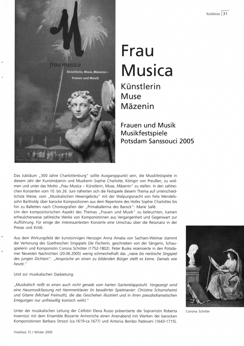 Frau Musica, Künstlerin, Muse Mäzenin : Frauen und Musik, Musikfestspiele Potsdam Sanssouci 2005