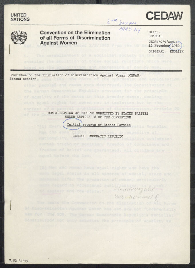 Consideration of Reports Submitted by States Parties Under Article 18 of the Convention : Initial Reports of States Parties ; German Democratic Republic ; CEDAW C/5/Add. 1, 12.11.1982 / Seite 1