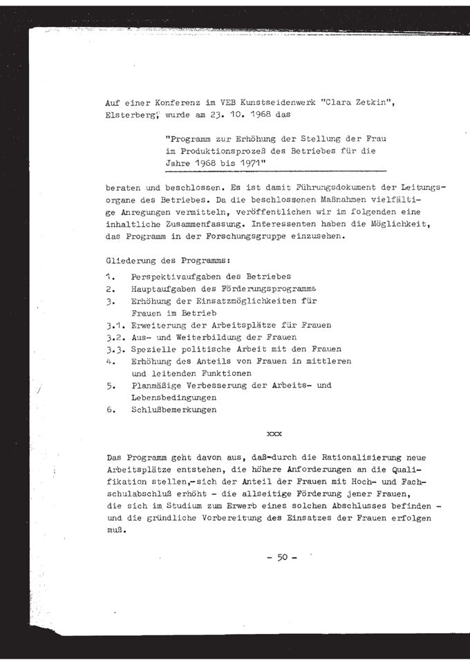Programm zur Erhöhung der Stellung der Frau im Produktionsprozeß des Betriebes für die Jahre 1968 bis 1971 : Konferenz im VEB Kunstseidenwerk "Clara Zetkin" Elsterberg / Seite 1