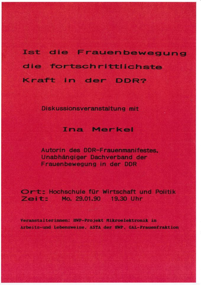 Veranstaltungsflyer Ina Merkel Januar 1990 RHG / Seite 1