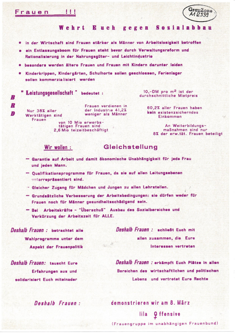 Flugblatt Lila Offensive Internationaler Frauentag