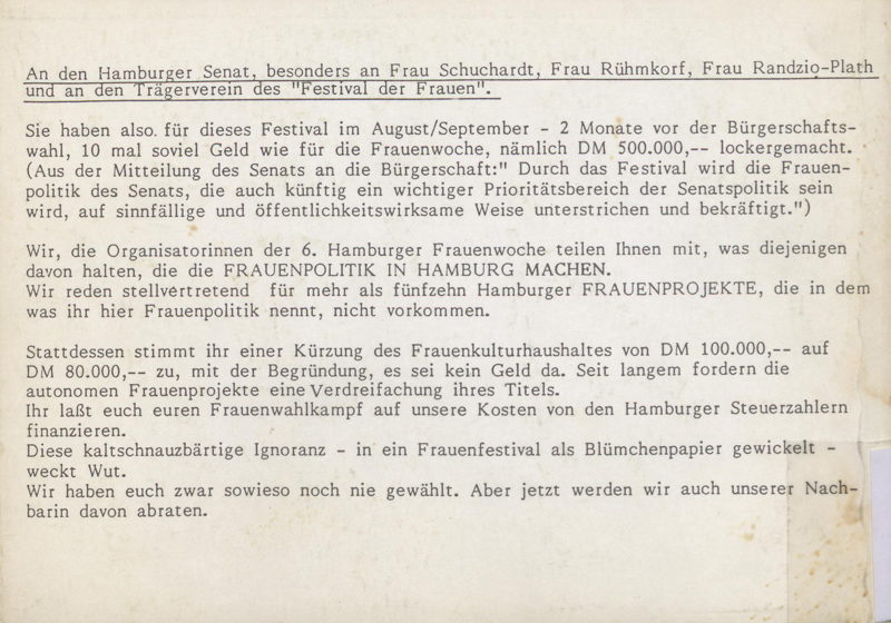 Hamburger Frauenwoche, 10. - 15. März 1986 : Frauenarbeit ?!