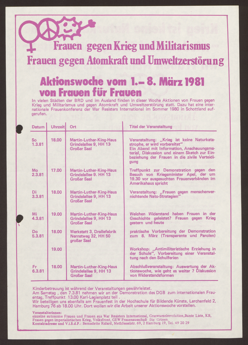 Aktionswoche vom 1.-8. März 1981 von Frauen für Frauen : Frauen gegen Krieg und Militarismus; Frauen gegen Atomkraft und Umweltzerstörung
