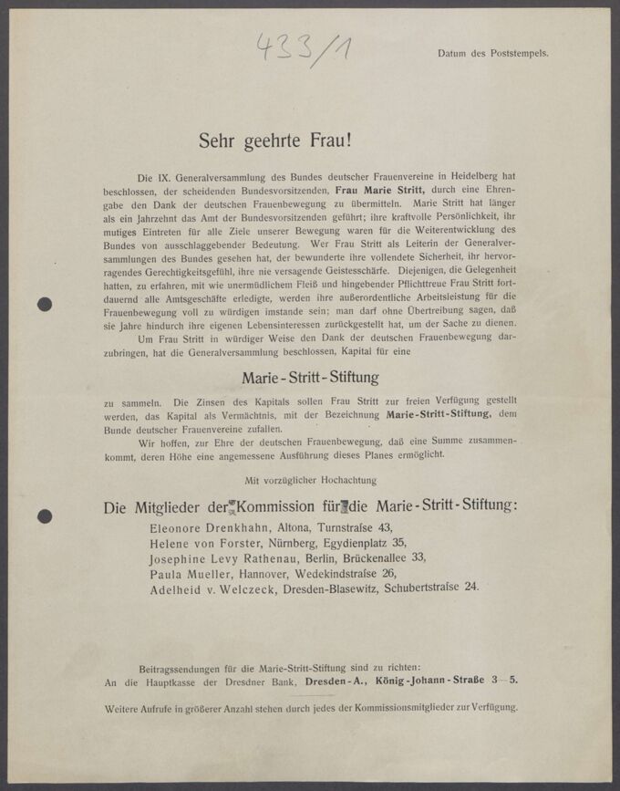 Korrespondenzen und Anschreiben bezüglich der Gründung der Marie-Stritt-Stiftung 1910, ihres Bestehens und ihrer Auflösung / Seite 4