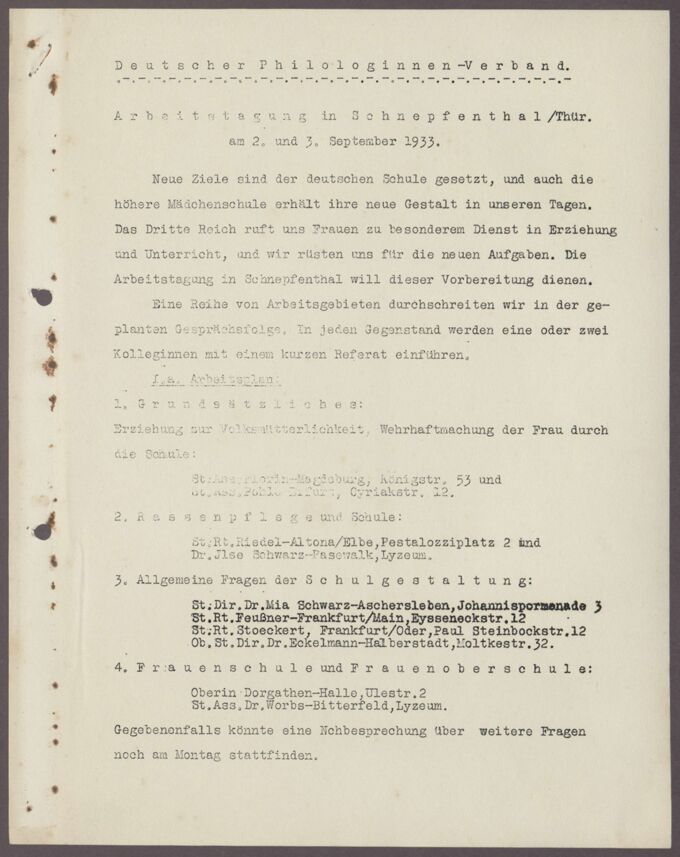 Arbeitstagung zur Neugestaltung der höheren Mädchenschule im September 1933 / Seite 3