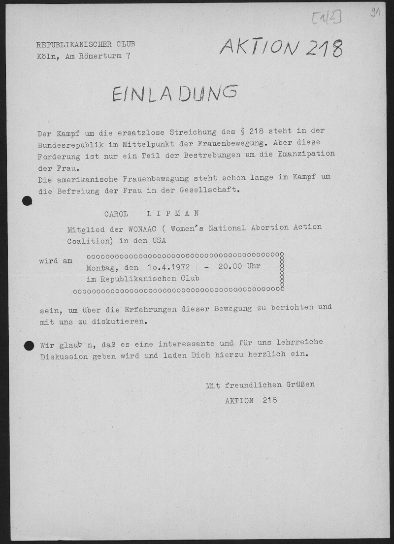 Einladung der Aktion 218 Köln zum Vortrag einer Vertreterin der Women´s National Abortion Action Coalition (USA) am 10.4.1972 in den Republikanischen Club Köln