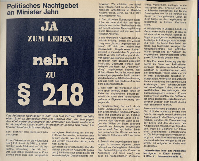 Brief an Bundesminister Jahn als Aktion des Politischen Nachtgebetes vom 5. und 6. Oktober 1971 ; Motto: Ja zum Leben, nein zu § 218