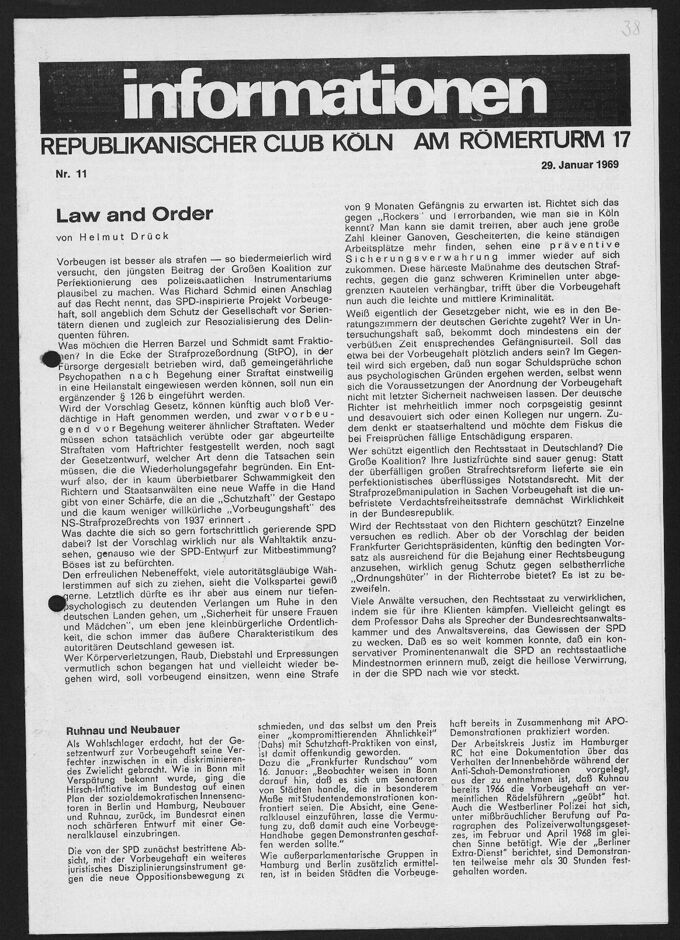 Hinweis auf eine Veranstaltung mit der Journalistin Ulrike Marie Meinhof im Republikanischen Club Köln in der Zeitschrift "informationen. RCK, Nr. 11 vom 29.1.1969. Thema ihres Vortrags: "Die Ausbeutung der Frauen in unserer Gesellschaft"