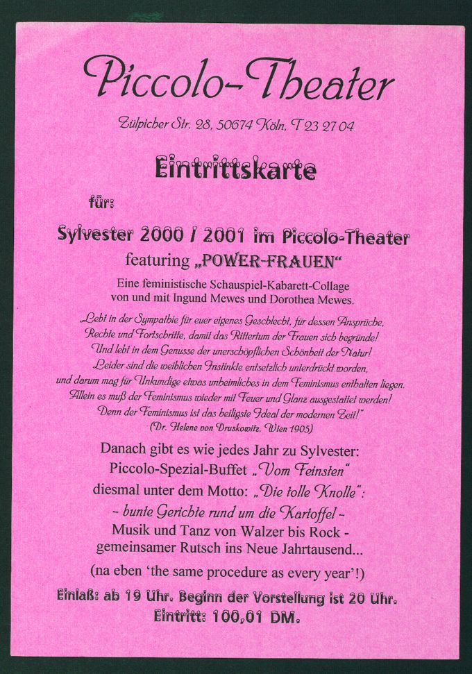 Eintrittskarte zur Silvesterfeier des Frauentheater Piccolo in Köln am 31.12.2000