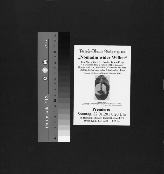 Programmkarte des Piccolo-Theater Unterwegs mit einer Lesung über die Kölner Jüdin Luise Straus-Ernst