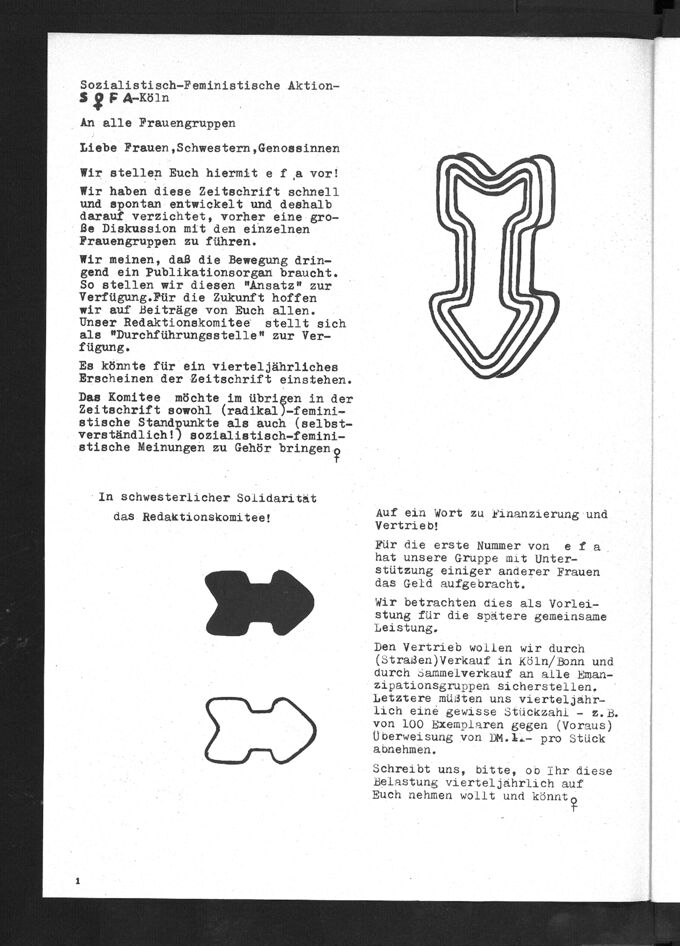 Intro der ersten Ausgabe feministischen Zeitschrift efa (efa, Heft 1, 1973, S. 1)