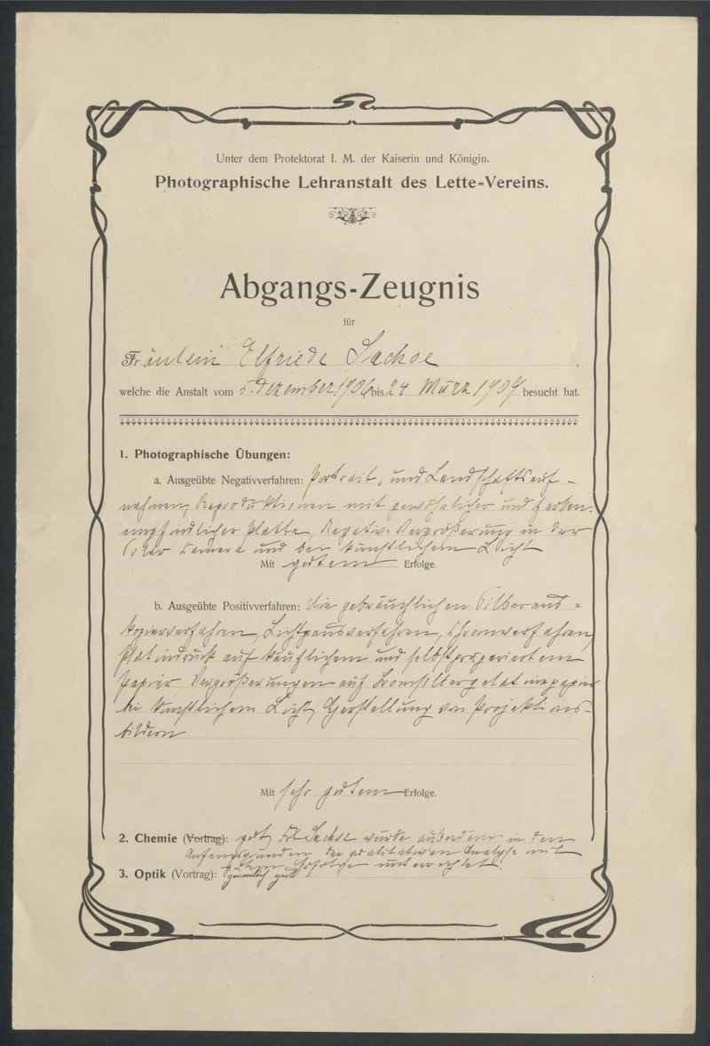 Zeugnis der Photographischen Lehranstalt des Lette-Vereins