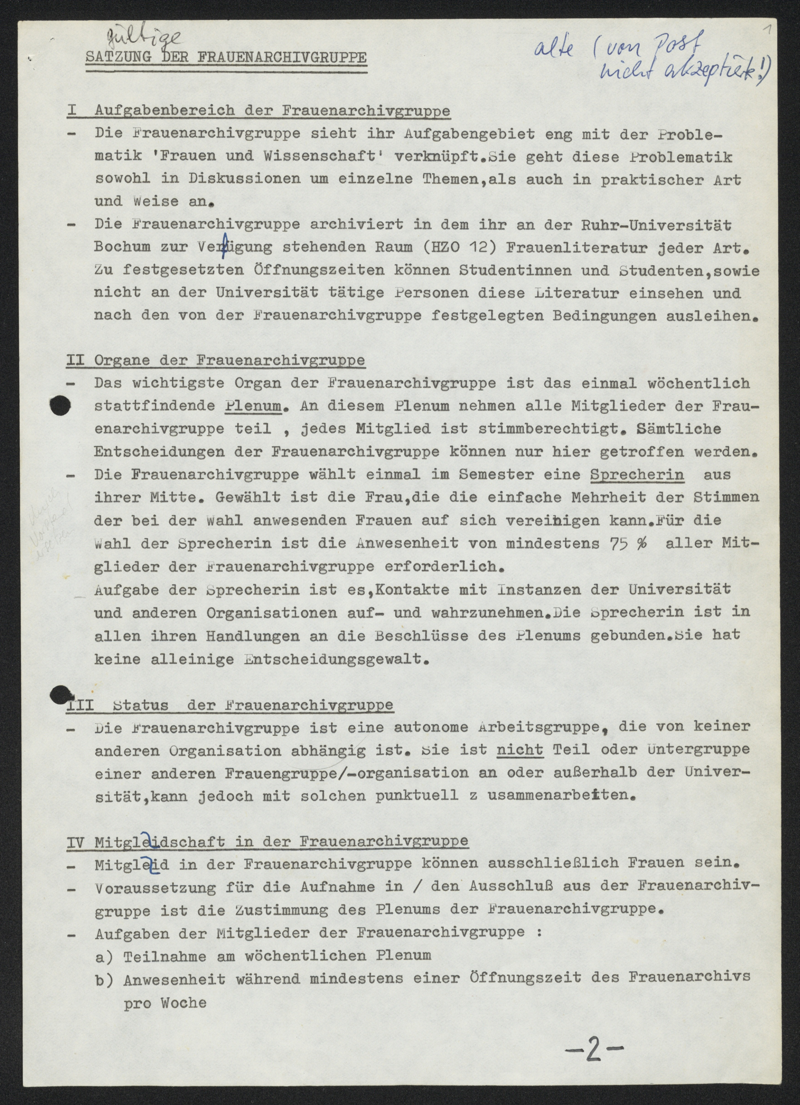 Sammlung Satzungen des Frauenarchivs an der Ruhr-Universität Bochum 1979