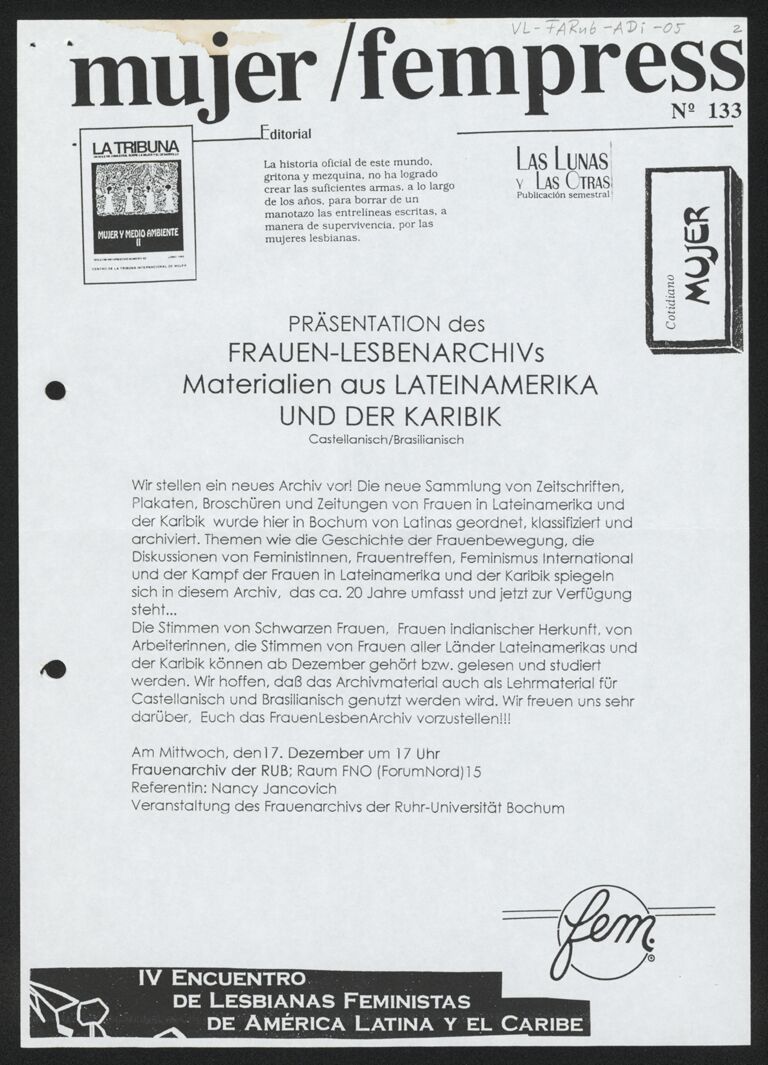 Sammlung Dokumente zum Lateinamerika-Archiv des Frauenarchivs der Ruhr-Universität Bochum 1995-1997