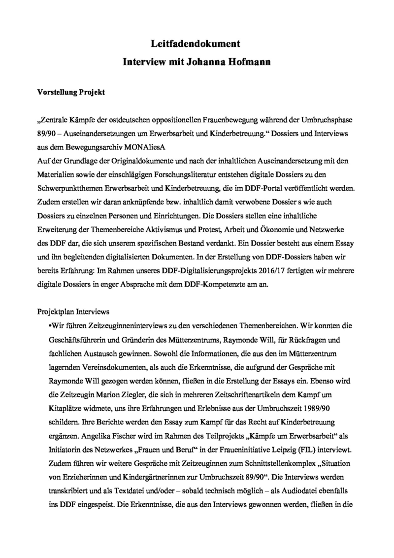 Interview zu Arbeitsbiographie als Erzieherin 1989/90. : Johanna Hofmann am 11.04.2019