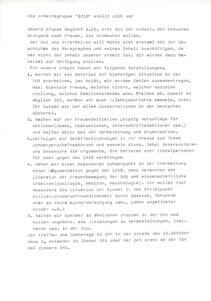 Die Arbeitsgruppe "§218" stellt sich vor / Seite 1