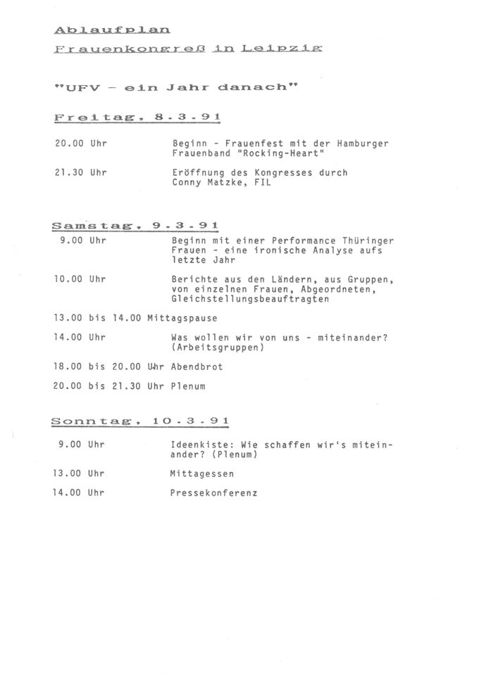 Ablaufplan Frauenkongress in Leipzig "UFV - ein Jahr danach" : Freitag 8.3.1991 bis Sonntag 10.3.1991 / Seite 1