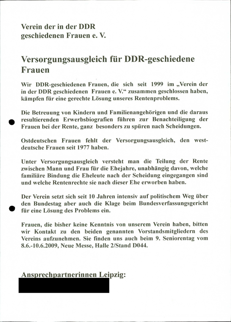 Verein der in der DDR geschiedenen Frauen e.V. : Politischer Aktivismus: Informationsmaterialien