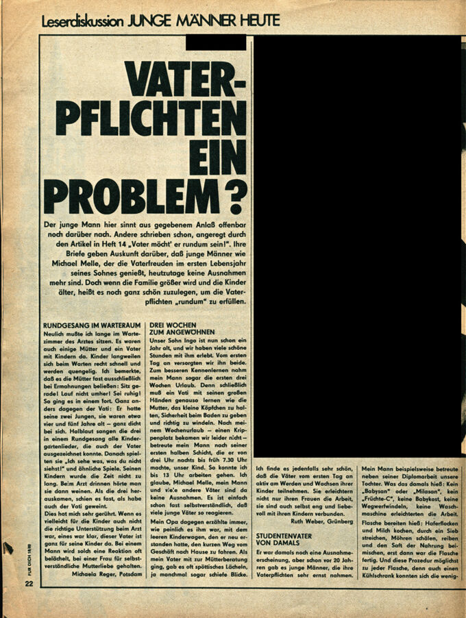 Leser*innendiskussion: Junge Männer heute: Vaterpflichten ein Problem? / Seite 1