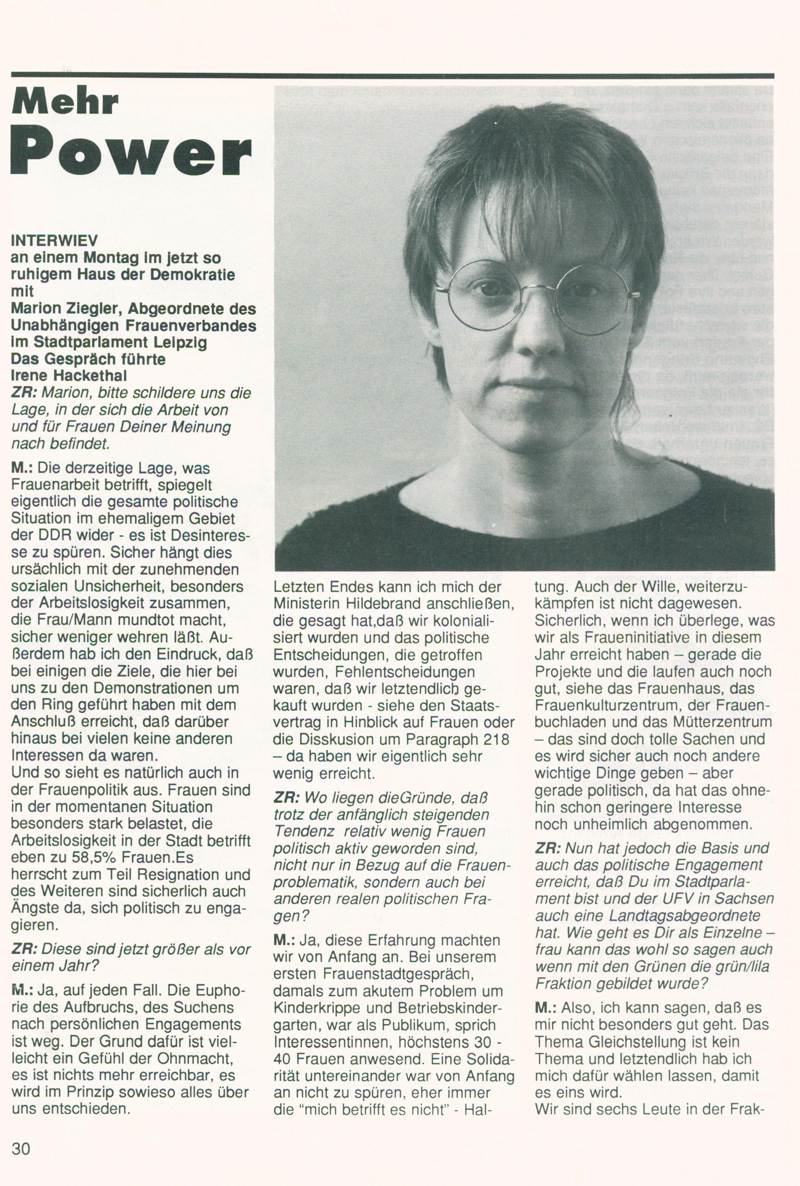 Mehr Power : Interview mit Marion Ziegler. Abgeordnete des UFV im Leipziger Stadtparlament