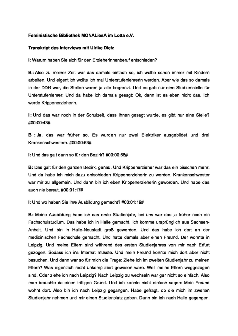 Interview zu Arbeitsbiographie als Erzieherin 1989/90. : Ulrike Dietz am 01.04.2019