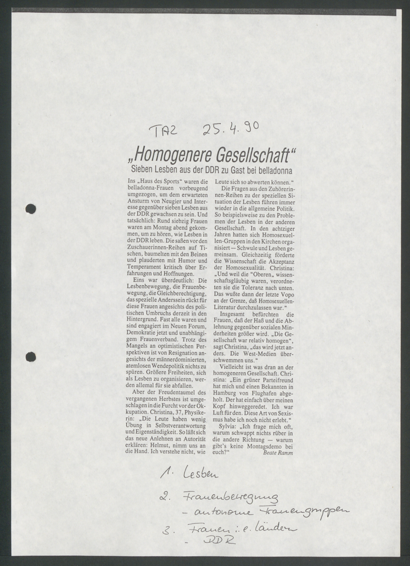 "Homogene Gesellschaft" : Sieben Lesben aus der DDR zu Gast bei belladonna