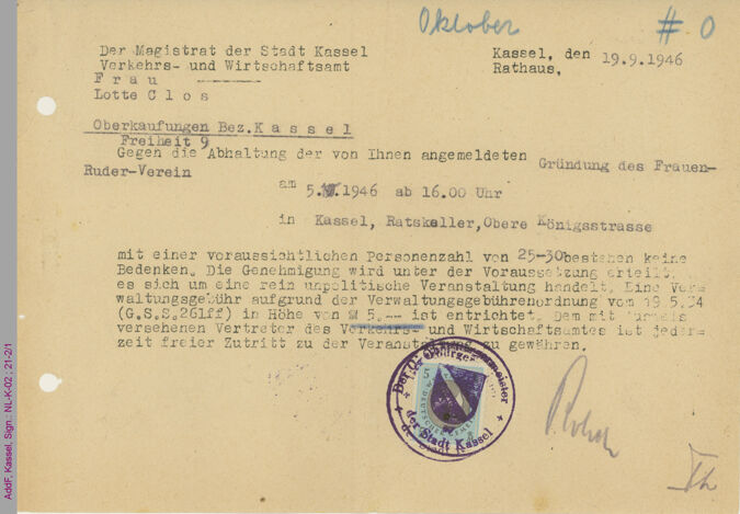 Genehmigung der Stadt Kassel zur Abhaltung einer Versammlung zur Gründung des Casseler Frauen-Ruder-Vereins / Seite 1