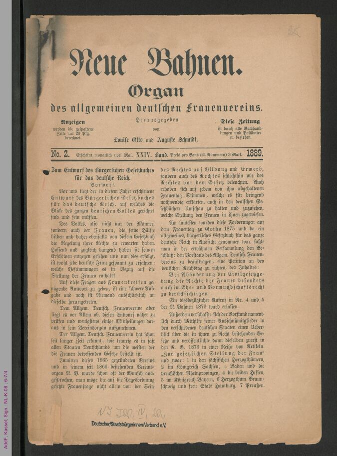 Neue Bahnen, 24. Jg. 1889, No. 2 / Seite 1