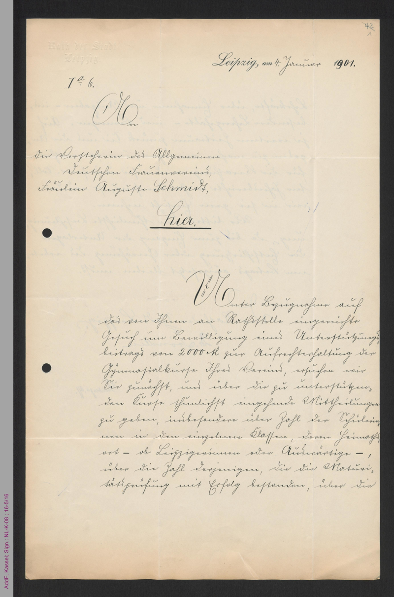 Brief des Raths der Stadt Leipzig an Auguste Schmidt