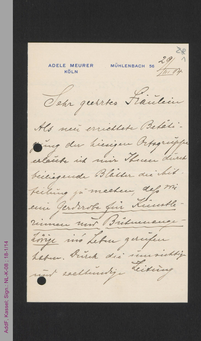 Brief von Adele Meurer an Helene Lange