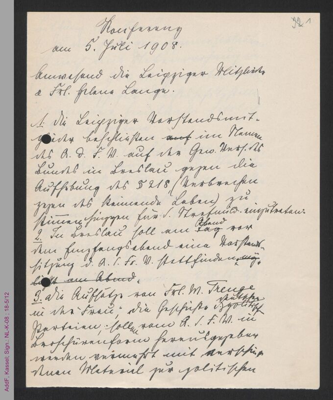Protokoll Vorstandssitzung Juli 1908 / Seite 1