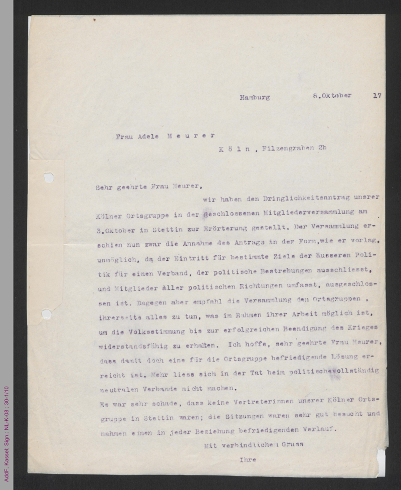 Brief von Helene Lange an Adele Meurer