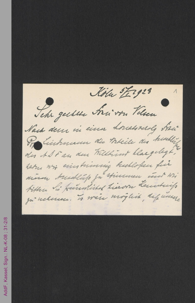 Briefkarte von Adele Meurer an Dorothee von Velsen