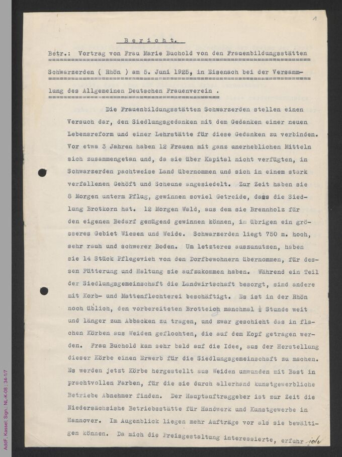 Bericht zu Vortrag von Marie Buchhold zu Schwarzerden auf der 33. Generalversammlung des ADF 1925 in Eisenach / Seite 1