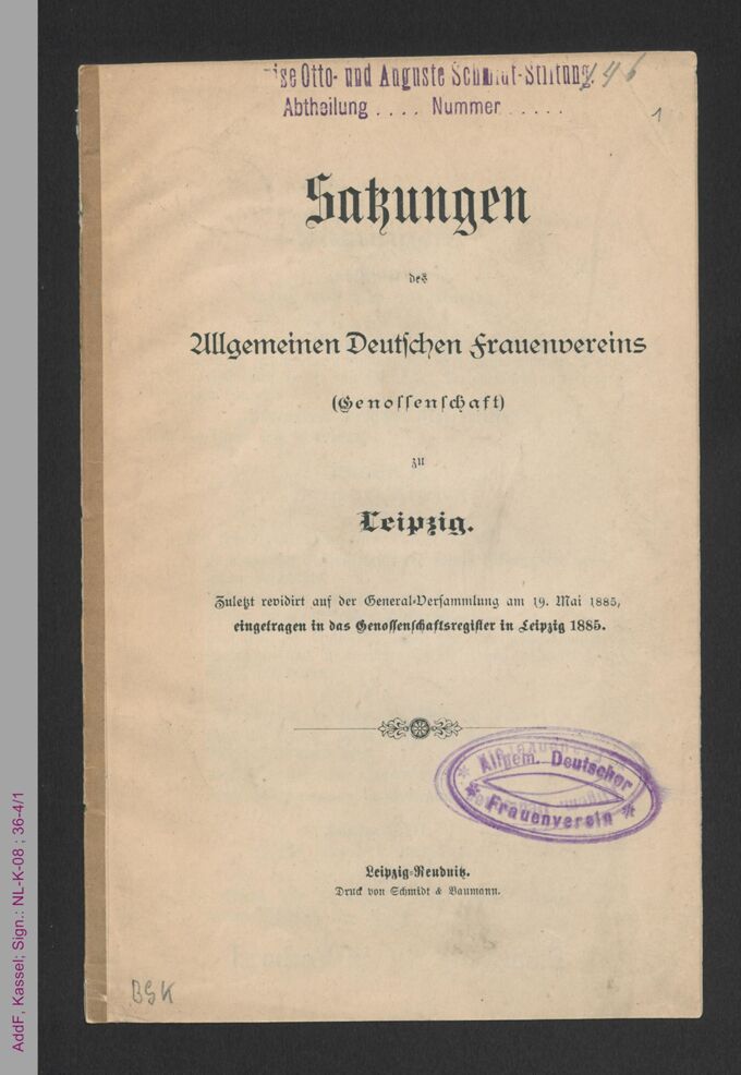Satzungen des Allgemeinen Deutschen Frauenvereins - Genossenschaft - Leipzig / Seite 1