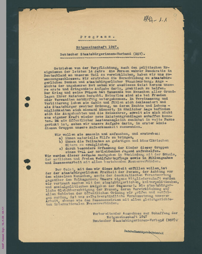 Programm des vorbereitenden Ausschusses zur Schaffung der Notgemeinschaft 1947. Deutscher Staatsbürgerinnen-Verband (DSV) / Seite 1