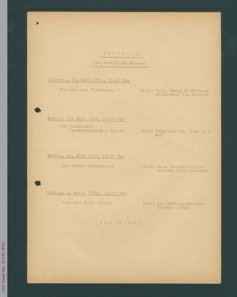 Programm der staatsbürgerlichen Kurse 1954