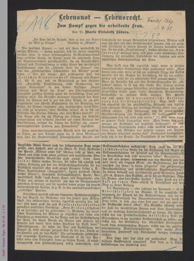 Sammlung: Frauenfrage. Berufsfragen. 1926-1932 / Seite 108