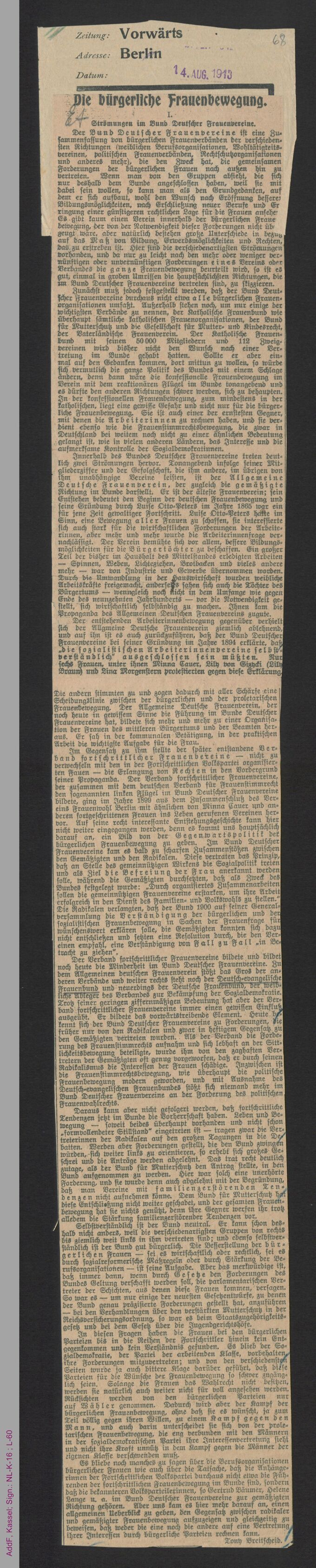 Sammlung: Frauenfrage u. Frauenbewegung Vorkriegszeit / Seite 71