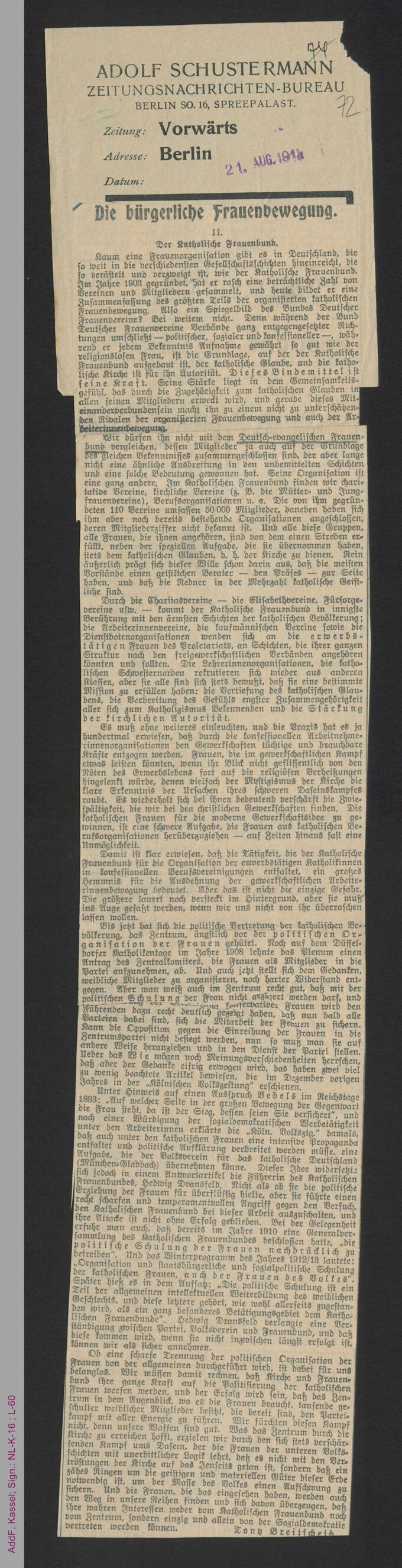 Sammlung: Frauenfrage u. Frauenbewegung Vorkriegszeit / Seite 75