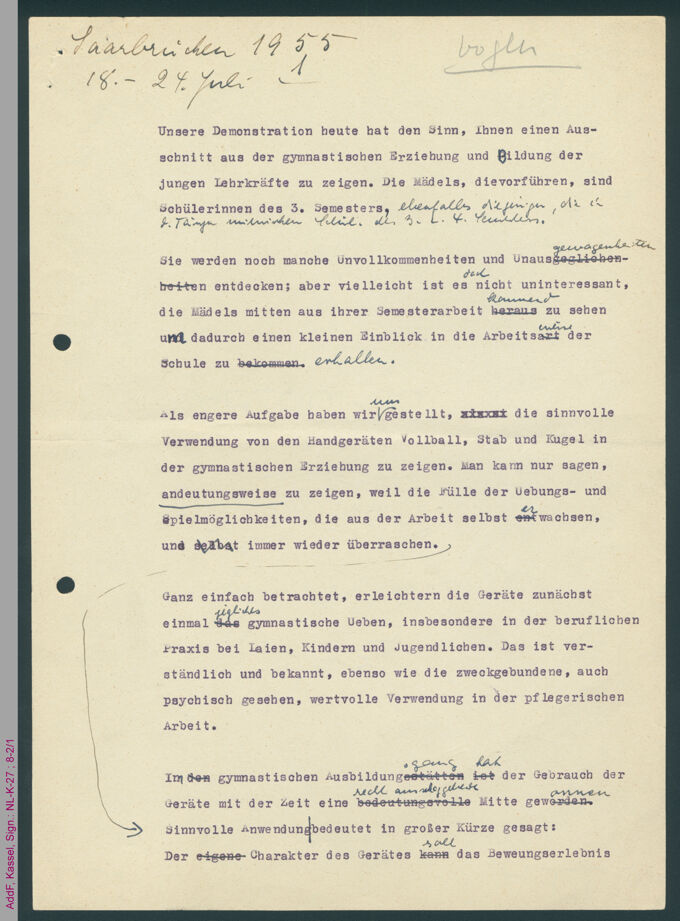 Redeentwurf zur Gymnastrada 1955 / Seite 1