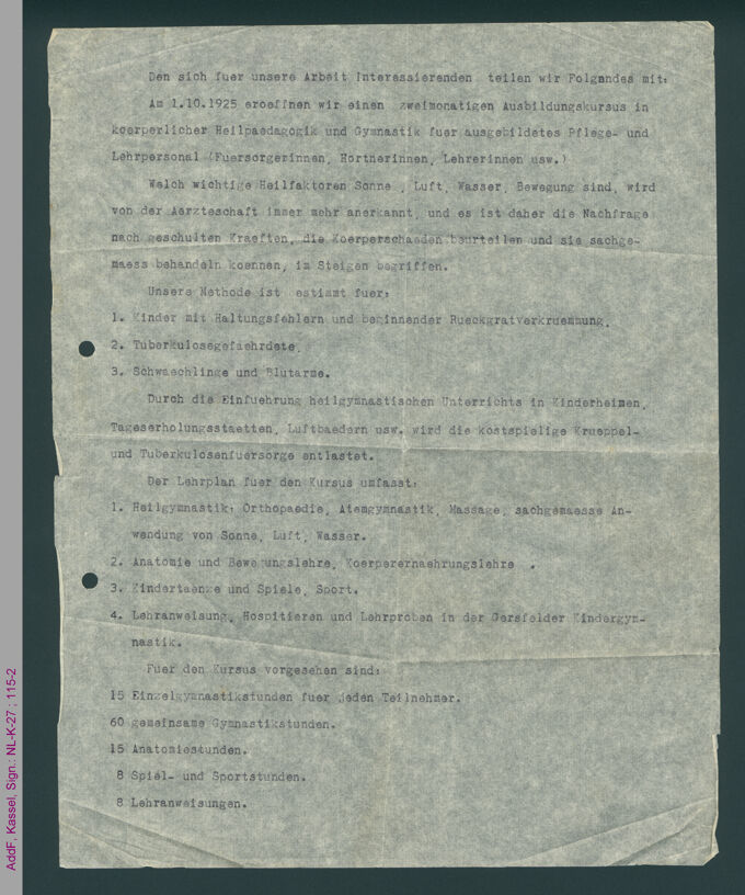 Ankündigung Ausbildungskursus 1925 / Seite 1