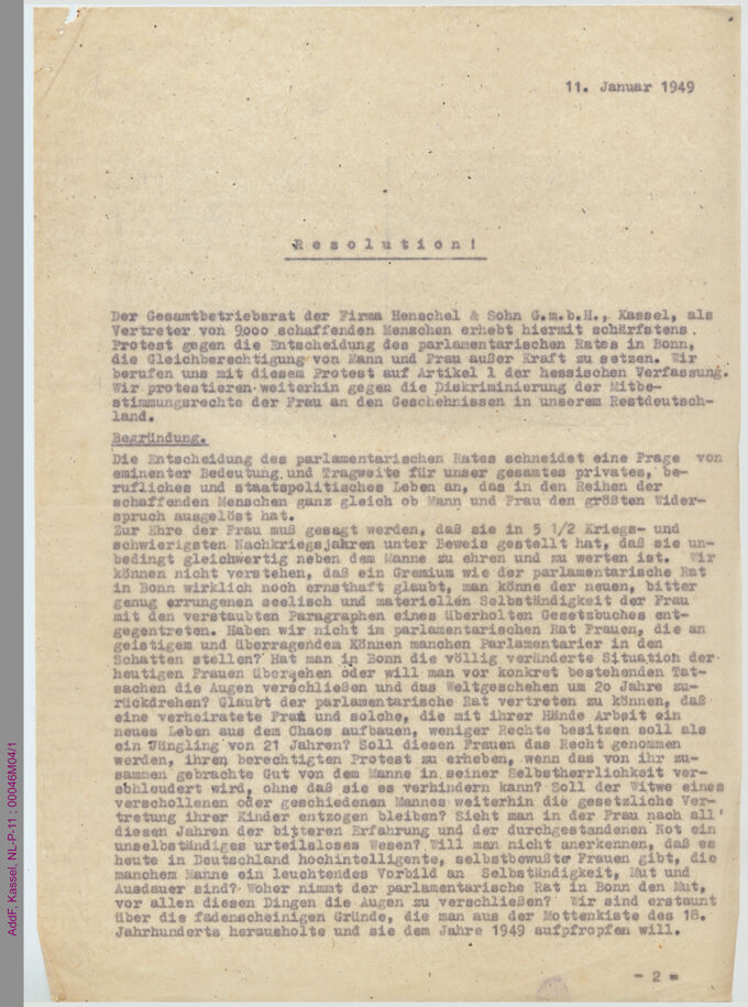 Resolution der Firma Henschel & Sohn GmbH betreff Grundgesetz, Art. 3.2. / Seite 1