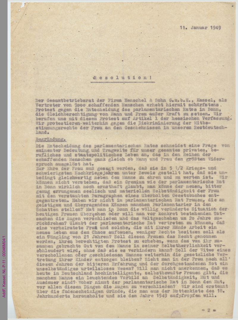 Resolution der Firma Henschel & Sohn GmbH betreff Grundgesetz, Art. 3.2.