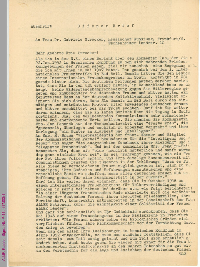 Offener Brief von Maria Deku an Gabriele Strecker / Seite 1